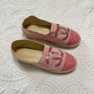 CHANEL CC Cap Toe Espadrilles Pink Sequin Canvas Slip On Flat Size 36